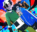  1girl bad_id bad_pixiv_id black_hair black_skirt blue_eyes blue_hair building closed_mouth cloud cowboy_shot dutch_angle eiku ene_(kagerou_project) enomoto_takane frown green_jacket green_pants headphones height_difference hetero highres honeycomb_(pattern) jacket kagerou_project kokonose_haruka konoha_(kagerou_project) long_sleeves looking_at_viewer medium_hair miniskirt mole mole_under_eye orange_sky pants pleated_skirt red_eyes revealing_cutout road_sign school_uniform short_hair side-by-side sign skirt sky smile spoilers stop_sign sweater track_jacket twintails v-neck 