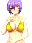  bikini blush breasts cleavage hand_on_own_chest highres large_breasts light_smile looking_at_viewer maji_de_watashi_ni_koi_shinasai! one_eye_closed purple_eyes purple_hair shiina_miyako short_hair solo swimsuit white_background yuriko1985 