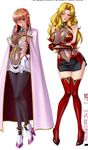  alicia_viewstream ankle_boots black_legwear blonde_hair blush boots breasts cape center_opening cleavage covered_navel crossed_arms deltaonix gloves hand_on_hips high_heels huge_breasts kagami kagami_hirotaka kangoku_senkan kangoku_senkan_2 knees_together_feet_apart lilith-soft long_hair maya_cordelia multiple_girls navel pantyhose purple_eyes red_eyes red_hair see-through short_dress thigh_boots thighhighs thighs 