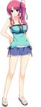  absurdres amagase_yuuki bare_shoulders blue_eyes breasts collarbone full_body hand_on_hip highres iizuki_tasuku large_breasts long_hair looking_at_viewer lovely_x_cation pink_hair shorts side_ponytail simple_background smile solo 