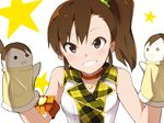  armband brown_eyes choker futami_mami grin hand_puppet idolmaster idolmaster_(classic) long_hair looking_at_viewer natsunagi_takaki puppet scrunchie side_ponytail smile solo star 