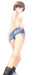  boots breasts brown_hair kuri_(kurigohan) nipples no_bra short_hair shorts smile 