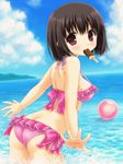  aoi_akua ass ball beachball bikini black_hair blush breasts cloud day food frilled_bikini frills hair_ornament hairclip halterneck horizon looking_back medium_breasts mouth_hold ocean original polka_dot polka_dot_bikini polka_dot_swimsuit popsicle purple_eyes short_hair sky solo splashing strap_gap swimsuit tareme trefoil water 