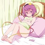 bad_id bad_pixiv_id barefoot bed condom condom_packet_strip condom_wrapper d@i feet hairband heart heart_pillow highres komeiji_satori looking_at_viewer nude on_bed pillow pillow_hug purple_eyes purple_hair shaded_face solo sweat touhou 