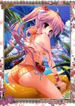  absurdres ass banana_boat bikini blush bracelet d: flower hibiscus highres jewelry open_mouth palm_tree pink_eyes pink_hair ponytail ribbon shiramori_yuse sitting solo straddling swimsuit tree yellow_bikini 