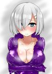  alternate_costume ayuayu_(shouyu_no_sato) blue_eyes blush bodysuit breast_hold breasts cleavage closed_mouth collarbone crossed_arms grey_background hair_ornament hair_over_one_eye hairclip hamakaze_(kantai_collection) jacket kantai_collection large_breasts latex looking_at_viewer open_clothes open_jacket purple_bodysuit silver_hair solo sweat upper_body 