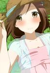  absurdres artist_request blush brown_eyes brown_hair fujimiya_kaori hand_on_headwear hat highres isshuukan_friends light_smile lying nyantype official_art on_back short_hair solo sun_hat 