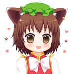  bebeneko brown_eyes brown_hair chen earrings fang hat heart jewelry looking_at_viewer open_mouth paw_print short_hair solo touhou 