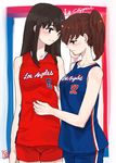  akagi_(kantai_collection) alternate_costume basketball basketball_uniform blake_griffin blush brown_eyes brown_hair deandre_jordan hand_on_another's_face kaga_(kantai_collection) kantai_collection kuma_(crimsonvanilla) long_hair looking_at_another los_angeles_clippers multiple_girls national_basketball_association shirt_grab short_hair side_ponytail smile sportswear 