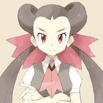  1girl ascot blouse brown_hair gym_leader hair_ornament long_hair looking_at_viewer pokemon pokemon_(game) pokemon_oras red_eyes simple_background smile solo souji tsutsuji_(pokemon) twintails 