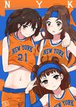  amar'e_stoudemire arm_around_shoulder basketball basketball_sleeve basketball_uniform blush bow brown_eyes brown_hair carmelo_anthony double_bun hachimaki hair_intakes headband iman_shumpert jersey jintsuu_(kantai_collection) kantai_collection kuma_(crimsonvanilla) long_hair multiple_girls naka_(kantai_collection) national_basketball_association navel new_york_knicks open_mouth sendai_(kantai_collection) shirt_lift short_hair shorts smile sportswear two_side_up 