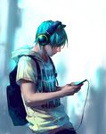  animal_ears aqua_hair axent_wear cat_ear_headphones cat_ears headphones male_focus media_player original solo wenqing_yan 