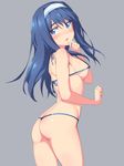  :o ass bikini blue_eyes blue_hair blush breasts covered_nipples full-face_blush futaba_aoi_(vividred_operation) hairband highres long_hair looking_back medium_breasts michairu micro_bikini shiny shiny_skin sideboob solo standing strap_gap swimsuit thong_bikini vividred_operation 