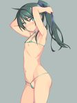  areolae armpits arms_up bikini blush breasts green_eyes green_hair hair_ribbon highres long_hair looking_at_viewer michairu micro_bikini petite ponytail ribbon saegusa_wakaba shiny shiny_skin small_breasts solo standing strap_gap swimsuit vividred_operation 