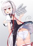  1girl azur_lane bangs breasts choker commentary_request dress eyebrows_visible_through_hair from_behind hair_between_eyes hairband highres large_breasts looking_at_viewer looking_back open_mouth panties plate red_eyes ribbon short_hair short_sleeves sidelocks sirius_(azur_lane) solo thighhighs underwear white_legwear white_panties xenonstriker 