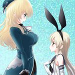  atago_(kantai_collection) beret black_gloves blonde_hair blush breast_envy breasts brown_eyes commentary_request elbow_gloves gloves green_eyes hair_ornament hairband hand_on_own_chest hat kantai_collection kyo_(kyo21413) large_breasts long_hair military military_uniform multiple_girls shimakaze_(kantai_collection) uniform white_gloves 