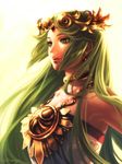  backlighting bare_shoulders bellhenge choker green_eyes green_hair highres jewelry kid_icarus kid_icarus_uprising lips long_hair md5_mismatch necklace nose palutena resized smile solo super_smash_bros. tiara toga upper_body upscaled very_long_hair 