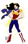  1girl amazon armor black_hair boots dc_comics female hands_on_hips lasso red_shirt scarf shirt solo standing star star_print tiara vambraces wonder_woman wonder_woman_(series) yasmin_liang 