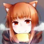  animal_ears black_row breath brown_hair closed_mouth colorized face holo long_hair looking_at_viewer portrait red_eyes scarf smile solo spice_and_wolf vector_trace winter_clothes wolf_ears 