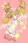  arcana_heart arcana_heart_3 arm_up armpits bangs bare_shoulders blonde_hair blue_eyes blunt_bangs blush cheerleader copyright_name crop_top crop_top_overhang drill_hair earrings flower goekawa hair_flower hair_ornament jewelry long_hair looking_at_viewer midriff navel petra_johanna_lagerkvist pink_legwear pom_poms shoes skirt smile sneakers solo star thighhighs twin_drills very_long_hair 