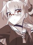  adjusting_hair amatsukaze_(kantai_collection) bespectacled blew_andwhite blush choker dress glasses grey_background hair_tubes hand_on_hip kantai_collection long_hair looking_at_viewer sailor_dress simple_background solo spot_color two_side_up 