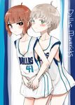  ahoge basketball basketball_uniform blush brown_hair clothes_writing dallas_mavericks dirk_nowitzki green_eyes hug hug_from_behind kantai_collection kuma_(crimsonvanilla) looking_at_viewer multiple_girls national_basketball_association no_pants short_hair silver_hair sportswear z1_leberecht_maass_(kantai_collection) z3_max_schultz_(kantai_collection) 