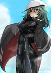  1girl ayuayu1192 ayuayu_(shouyu_no_sato) blush bodysuit breasts cape cloud eyepatch female gloves green_hair hat kantai_collection kiso_(kantai_collection) latex latex_suit personification shiny shiny_clothes shiny_hair sky solo 
