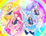  4girls ;d aino_megumi arm_up arm_warmers black_legwear blonde_hair blue_eyes blue_hair blue_skirt boots bow bowtie brooch colorful copyright_name crown cure_fortune cure_honey cure_lovely cure_princess frills full_body grin hair_bow hair_ornament happinesscharge_precure! heart heart_hair_ornament hikawa_iona jewelry knee_boots long_hair magical_girl mini_crown multicolored multicolored_background multiple_girls necktie one_eye_closed oomori_yuuko open_mouth pink_bow pink_eyes pink_hair pink_skirt ponytail precure purple_eyes purple_hair purple_skirt rainbow shirayuki_hime shoes skirt smile thighhighs twintails v wand white_legwear wide_ponytail wrist_cuffs yellow_eyes yellow_skirt zettai_ryouiki 