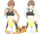  agawa_ryou before_and_after bike_shorts breasts brown_hair cameltoe hand_on_hip looking_at_viewer medium_breasts navel one-piece_tan original short_hair simple_background sports_bra sweat sweatdrop tan tanline towel white_background 