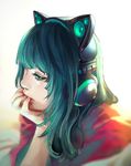  animal_ears aqua_eyes aqua_hair axent_wear cat_ear_headphones cat_ears headphones long_hair original solo wenqing_yan 