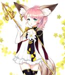  animal_ear_fluff animal_ears blade_&amp;_soul blue_eyes brown_hair cape dog_ears dress earrings elbow_gloves flower gloves jewelry long_hair lyn_(blade_&amp;_soul) ponytail rom_(rg3837) solo staff tail thighhighs weapon 