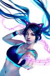  animal_ears axent_wear black_hair cat_ear_headphones cat_ears headphones long_hair one_eye_closed original purple_eyes solo sports_bikini wenqing_yan 