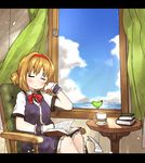  alice_margatroid amonitto animal arm_support bird blonde_hair blue_dress blue_sky book chair closed_eyes cloud cup curtains day dress hairband lake open_window shirt short_sleeves sitting sky sleeping sleeping_upright solo table teacup touhou water wind window wrist_cuffs 