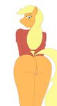  applejack_(mlp) back_turned bedroom_eyes blonde_hair clothing equine female freckles friendship_is_magic fur green_eyes hair hooves horse long_hair looking_at_viewer looking_back mammal my_little_pony orange_fur pony presenting pussy raised_tail shirt skyearts smile solo standing 