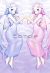  angel_wings ar_tonelico ar_tonelico_iii blue_eyes blue_hair dakimakura flower hair_flower hair_ornament harvestasya_vista harvestasya_xp high_heels lying multiple_girls open_mouth pink_hair sample shoes short_hair symmetry wings yosugara_shou 