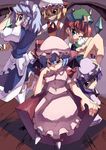  blonde_hair crystal demon_wings flandre_scarlet full_body green_eyes hat highres hong_meiling izayoi_sakuya lavender_hair looking_at_viewer mob_cap multiple_girls patchouli_knowledge red_eyes remilia_scarlet shino_(2919) short_hair silver_hair standing the_embodiment_of_scarlet_devil touhou vampire wings 