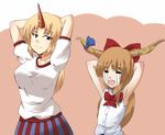  :3 armpits arms_behind_head bad_id bad_pixiv_id breast_envy breasts flat_chest horn horns hoshiguma_yuugi ibuki_suika large_breasts long_hair masara multiple_girls tears touhou 