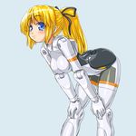  arnval bent_over blonde_hair blue_eyes busou_shinki dd_(ijigendd) doll_joints hands_on_own_knees leaning_forward long_hair mecha_musume ponytail simple_background solo 