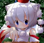  animal_ears blouse blue_eyes blush board_game detached_sleeves hat inubashiri_momiji short_hair shougi smile solo tobi_(nekomata_homara) tokin_hat touhou tree_shade white_hair wolf_ears 