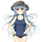  bad_id bad_pixiv_id blue_hair food fruit hands_on_hips hat highres hinanawi_tenshi kuran_(mkmrl) long_hair one-piece_swimsuit peach red_eyes school_swimsuit solo swimsuit tears touhou 