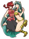  animal_between_breasts animal_print between_breasts braid breasts creator_connection crossover genderswap genderswap_(mtf) girl_sandwich green_hair hibiki_ryouga highres horns long_hair lum multiple_girls no_socks oni_horns p-chan ranma-chan ranma_1/2 red_hair sandwiched saotome_ranma simple_background tiger_print urusei_yatsura very_long_hair yumiya 