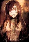  arisaka_ako bad_id bad_pixiv_id bandage_over_one_eye bandages blood breasts brown_hair english guro long_hair medium_breasts open_mouth original red_eyes scar solo tears 