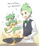  bow bowtie chef commentary cooking dent_(pokemon) english fire frying_pan gen_5_pokemon green_eyes green_hair male_focus open_mouth pansage pokemon pokemon_(creature) pokemon_(game) pokemon_bw smile tears vest weee_(raemz) 