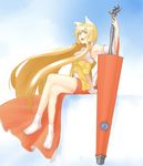  animal_ears armpits blonde_hair blue_eyes breasts crossed_legs detached_sleeves fox_ears japanese_clothes karakasa_obake kotoba_noriaki legs long_hair medium_breasts open_mouth oriental_umbrella original sitting slit_pupils socks solo tabi umbrella very_long_hair 