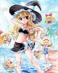  &gt;_&lt; :d alice_margatroid beach bikini black_sarong blonde_hair blue_eyes bow braid camera cellphone closed_eyes day doll hair_bow hairband hat kirisame_marisa long_hair matching_shanghai multiple_girls one-piece_swimsuit open_mouth phone sarong school_swimsuit shanghai_doll short_hair smile swimsuit touhou traditional_media watercolor_(medium) wings witch_hat xd yellow_eyes yui_(calling_dr_love_m) 