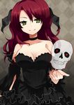  bad_id bad_pixiv_id bare_shoulders breasts cleavage dress fang green_eyes head_wings ika large_breasts long_hair original red_hair skull smile solo 