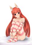  animal_ears bare_shoulders collarbone fox_ears highres kuriyama_kuriotoko legs long_hair original panties pink_legwear red_eyes red_hair sitting smile solo striped striped_legwear thighhighs underwear white_panties 