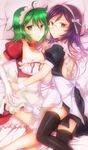  bad_id bad_pixiv_id copyright_request elbow_gloves glasses gloves green_eyes green_hair highres maid mikazuki_tenma multiple_girls purple_hair red_eyes short_hair thighhighs 