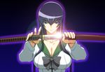  bad_id bad_pixiv_id blue_eyes breasts busujima_saeko cleavage highschool_of_the_dead huge_breasts katana school_uniform serafuku sheath solo sword unsheathing weapon 