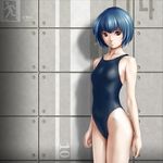  ayanami_rei blue_hair brown_eyes competition_swimsuit face flat_chest hands highres kirin404 neon_genesis_evangelion one-piece_swimsuit short_hair solo swimsuit 